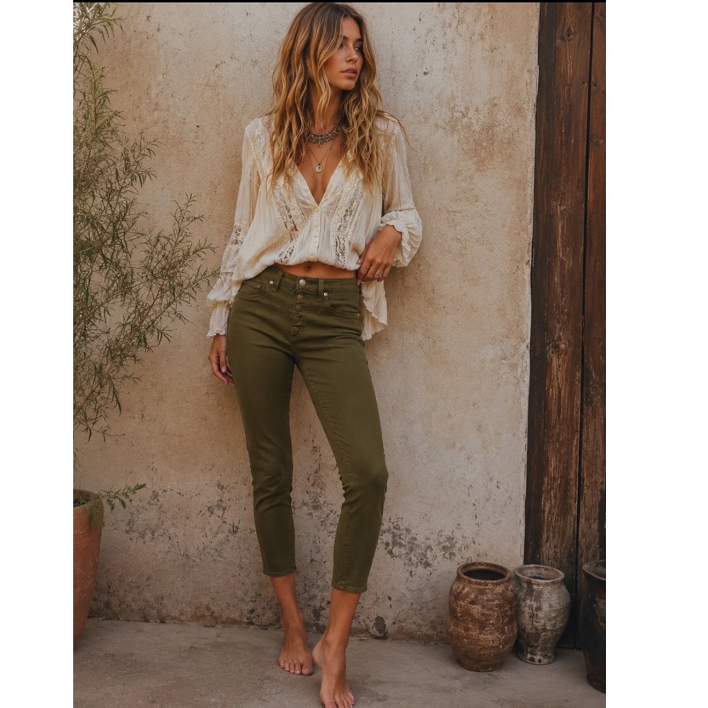 Veronica Beard Debbie 10 High Rise Skinny Jeans Army Green Button Fly Size 26‎